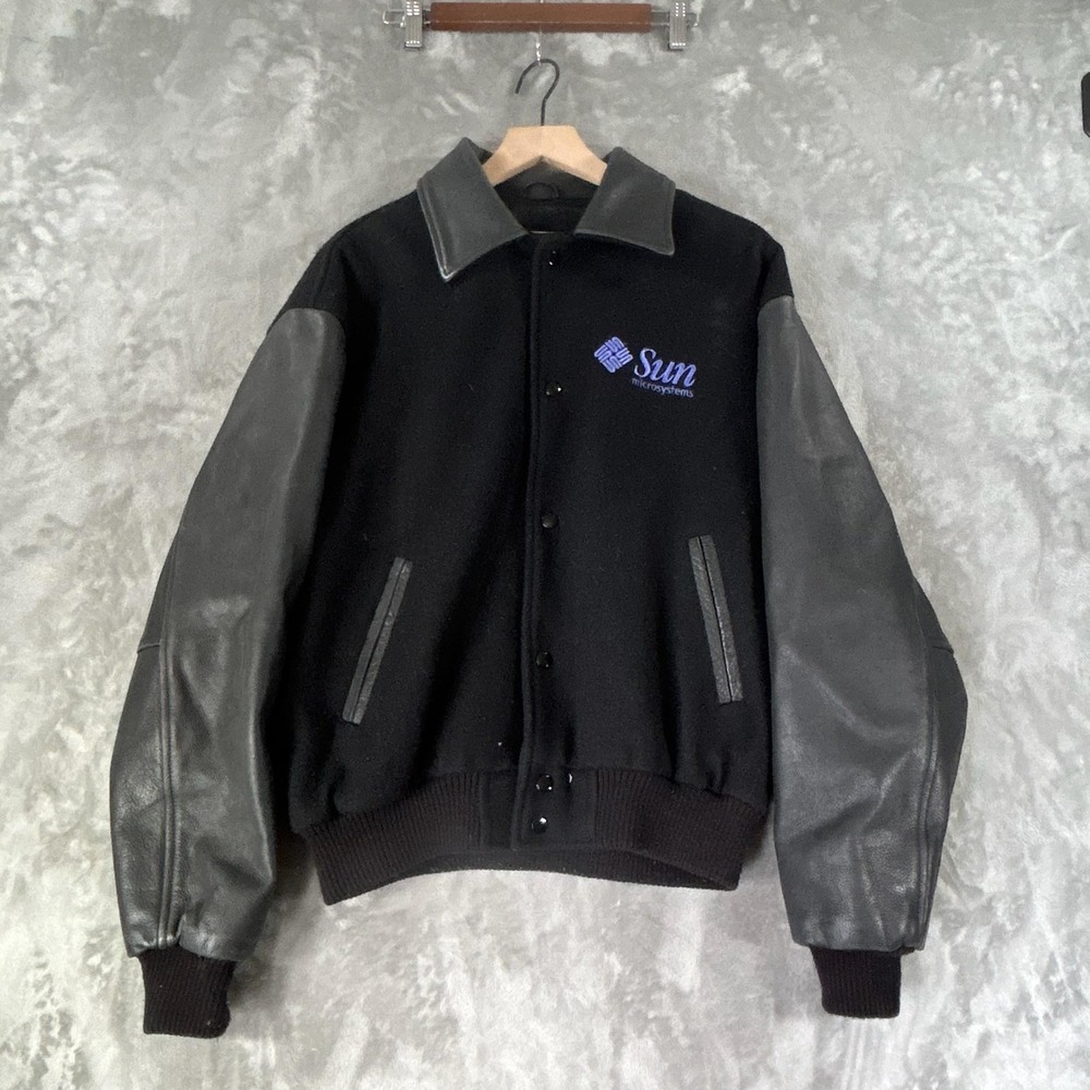 Vintage CPS Jacket Mens Medium Black Wool Leather Sun Microsystems Java Varsity